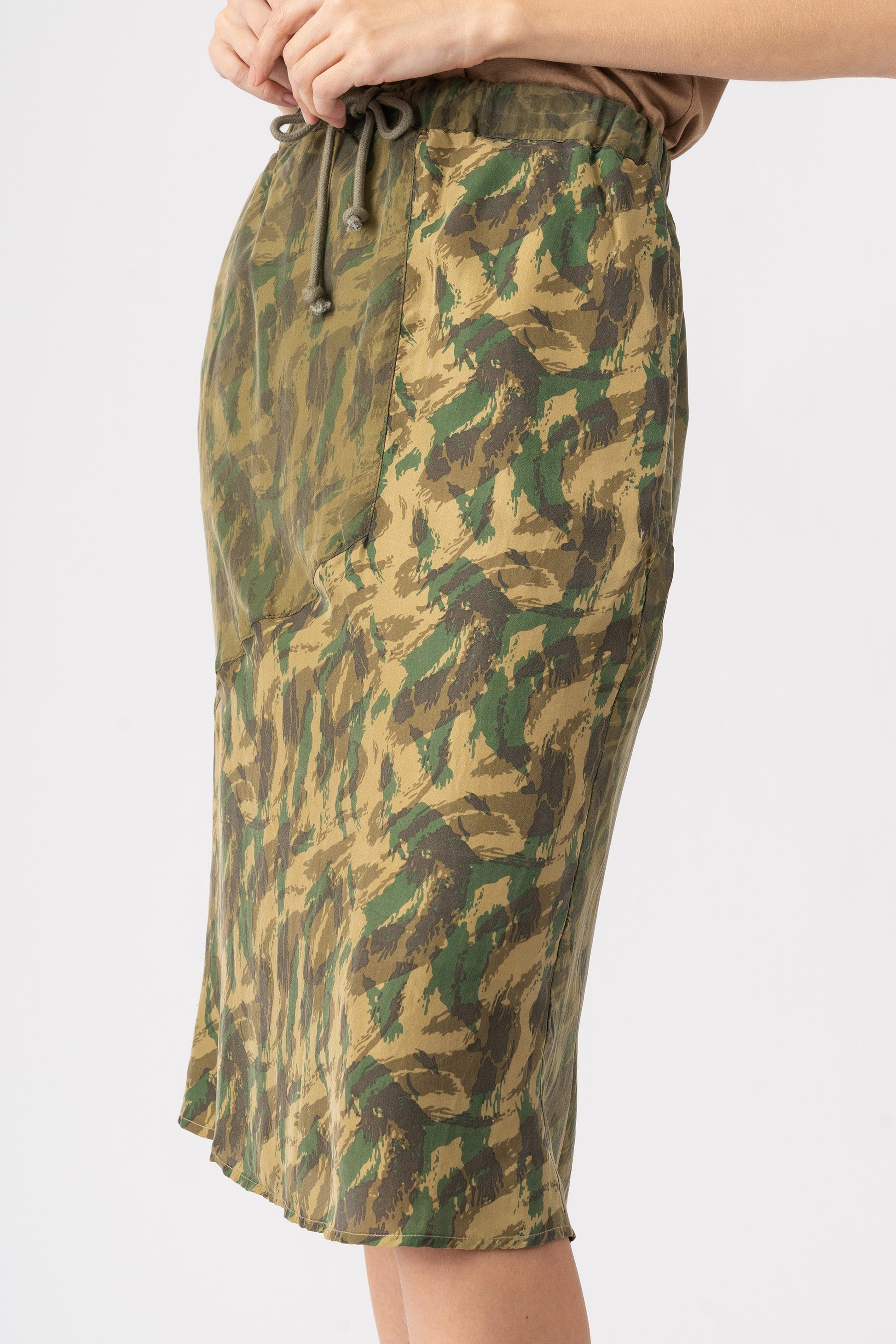 100% Silk long skirt with drawstring in Green Camo