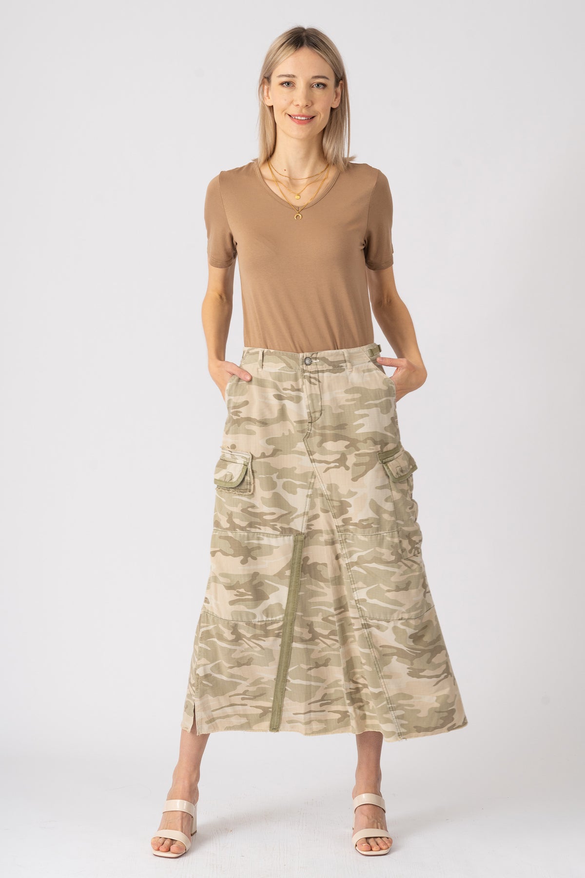 Silk long skirt in White Camo