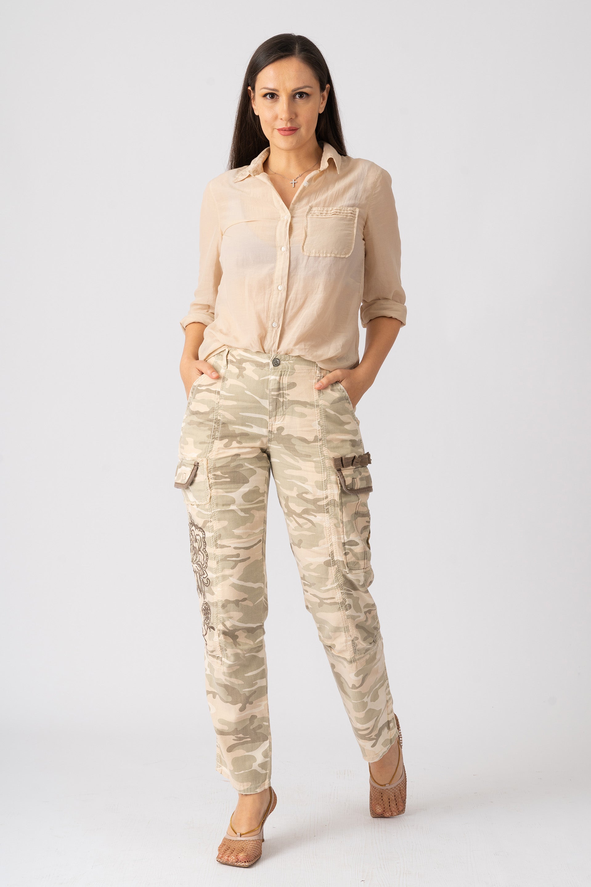 Tencel cargo pants with embroidery in White Camo