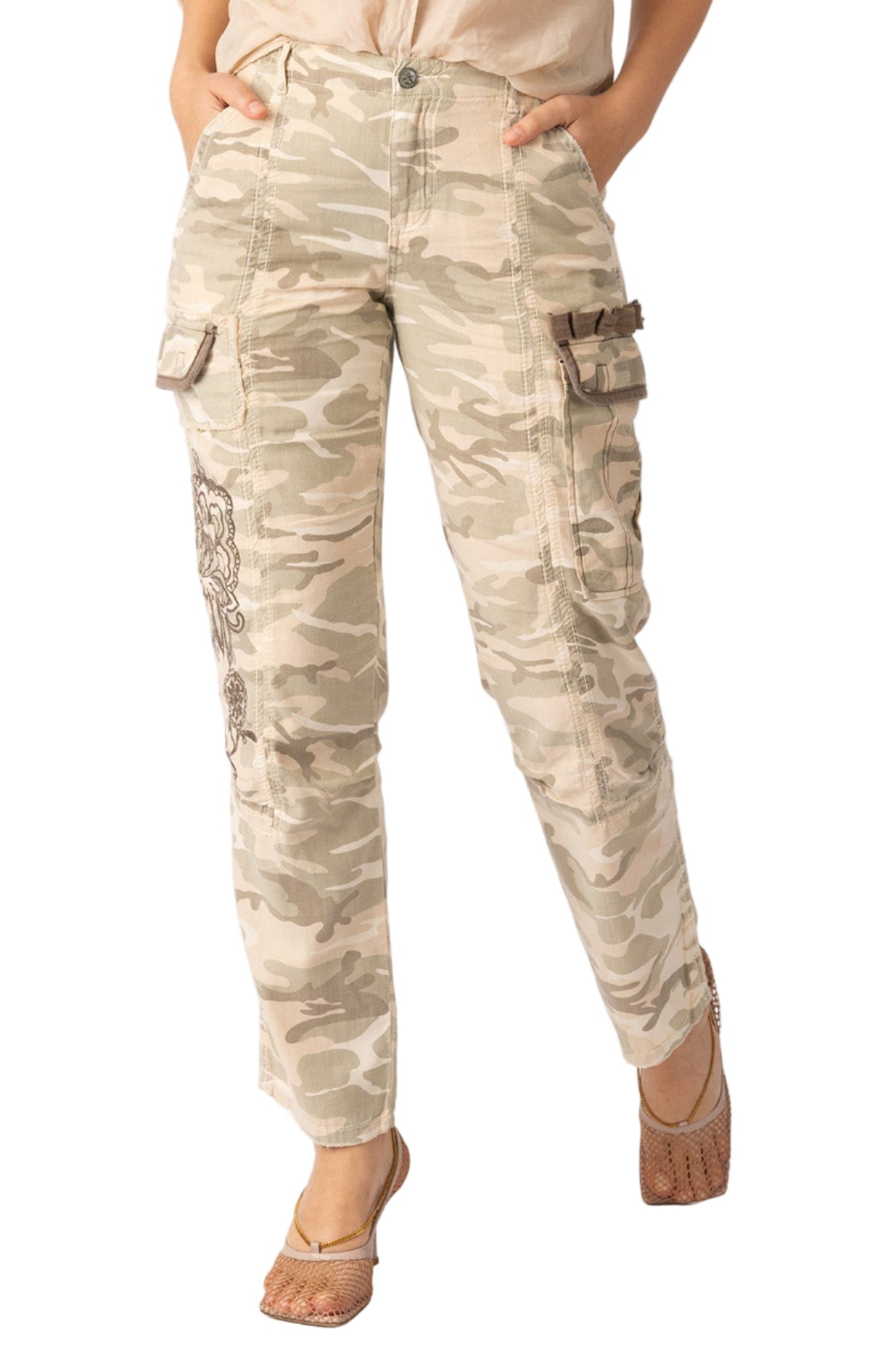 Tencel cargo pants with embroidery in White Camo