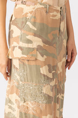 100% Silk skirt with embroidery in Beige Camo