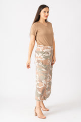 100% Silk long skirt with embroidery in Cream Camo