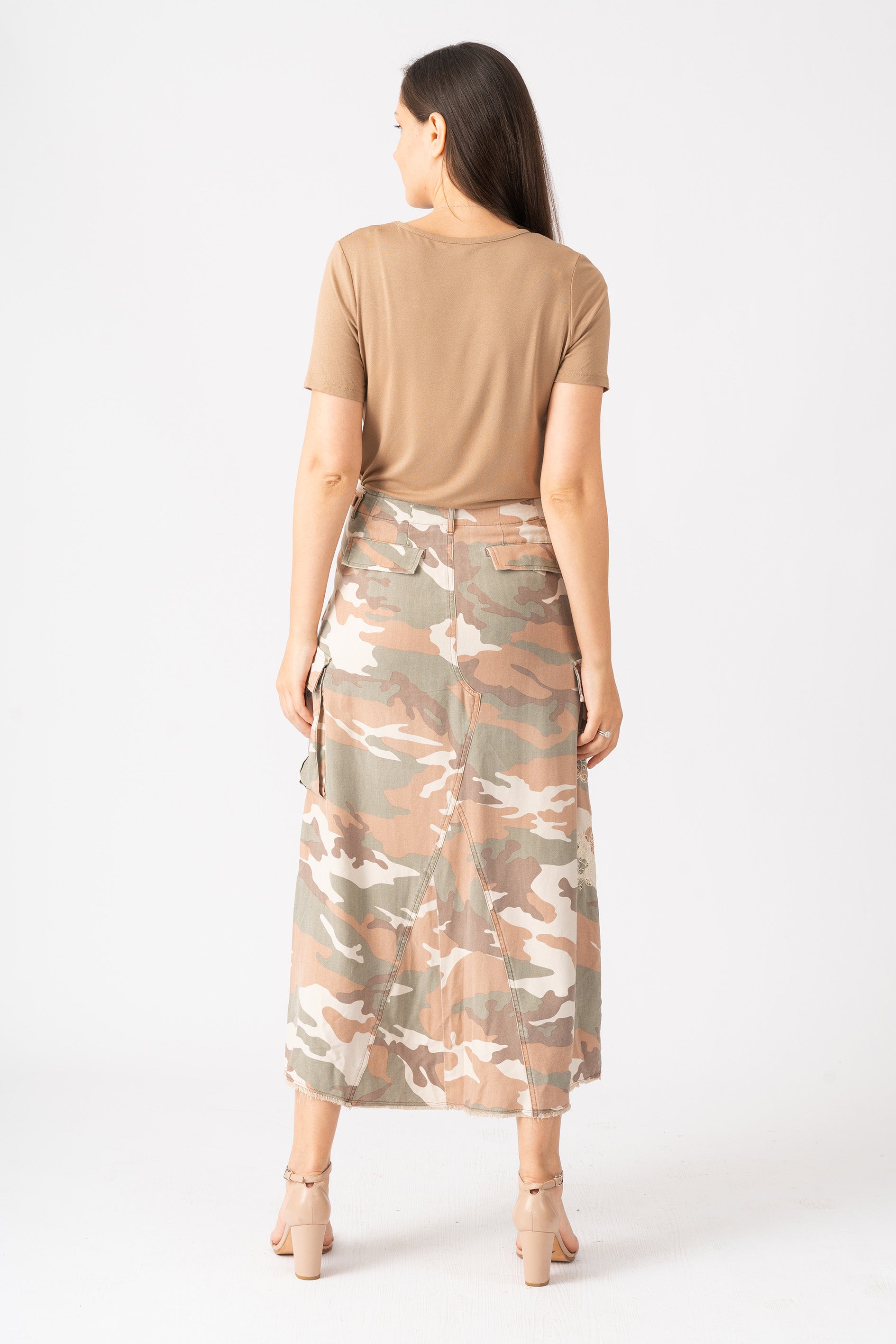 100% Silk long skirt with embroidery in Cream Camo