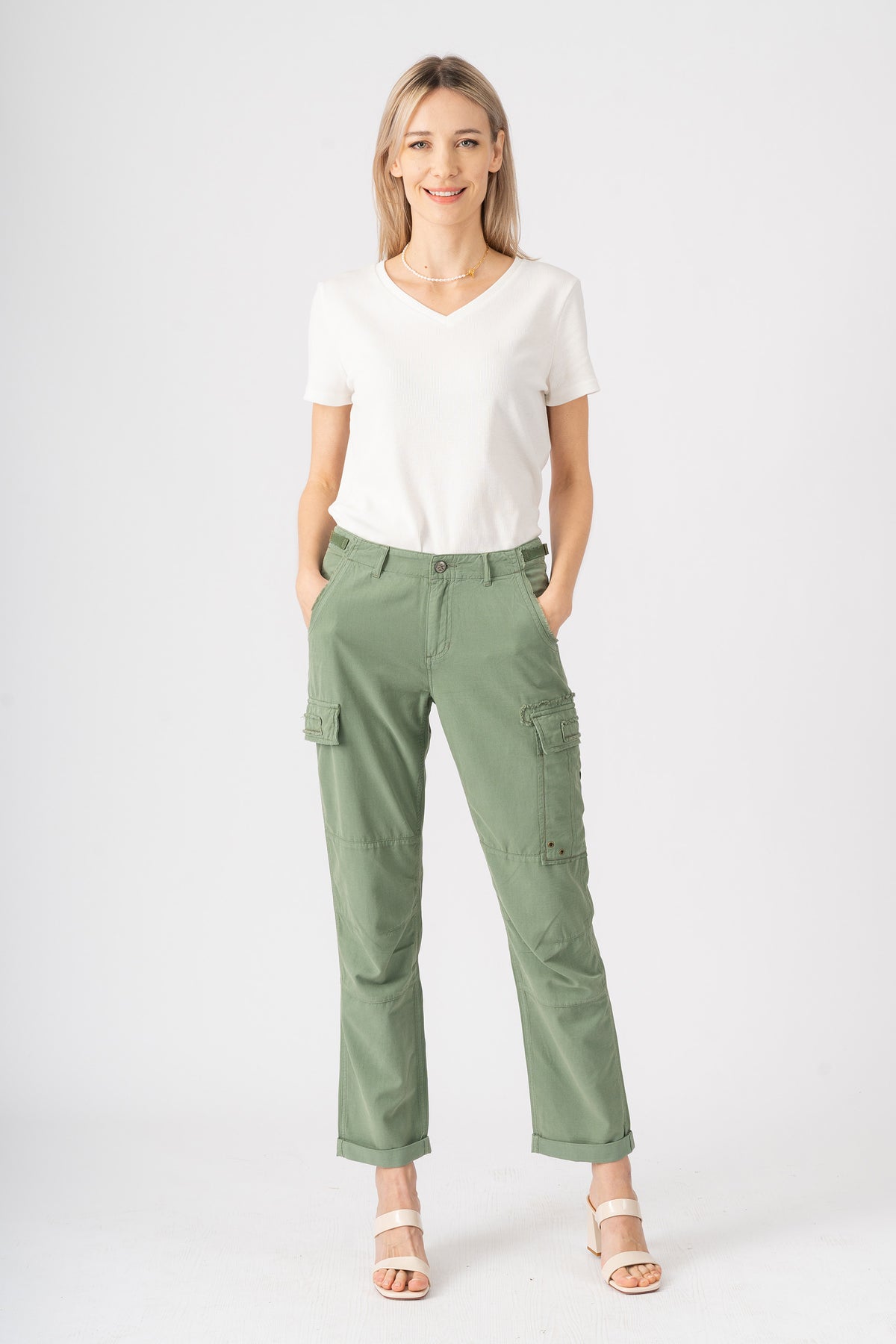 Silk cargo pants with patches in Myrtle Green