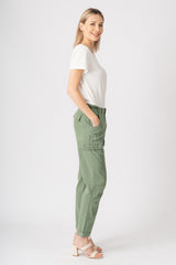 Silk cargo pants with patches in Myrtle Green