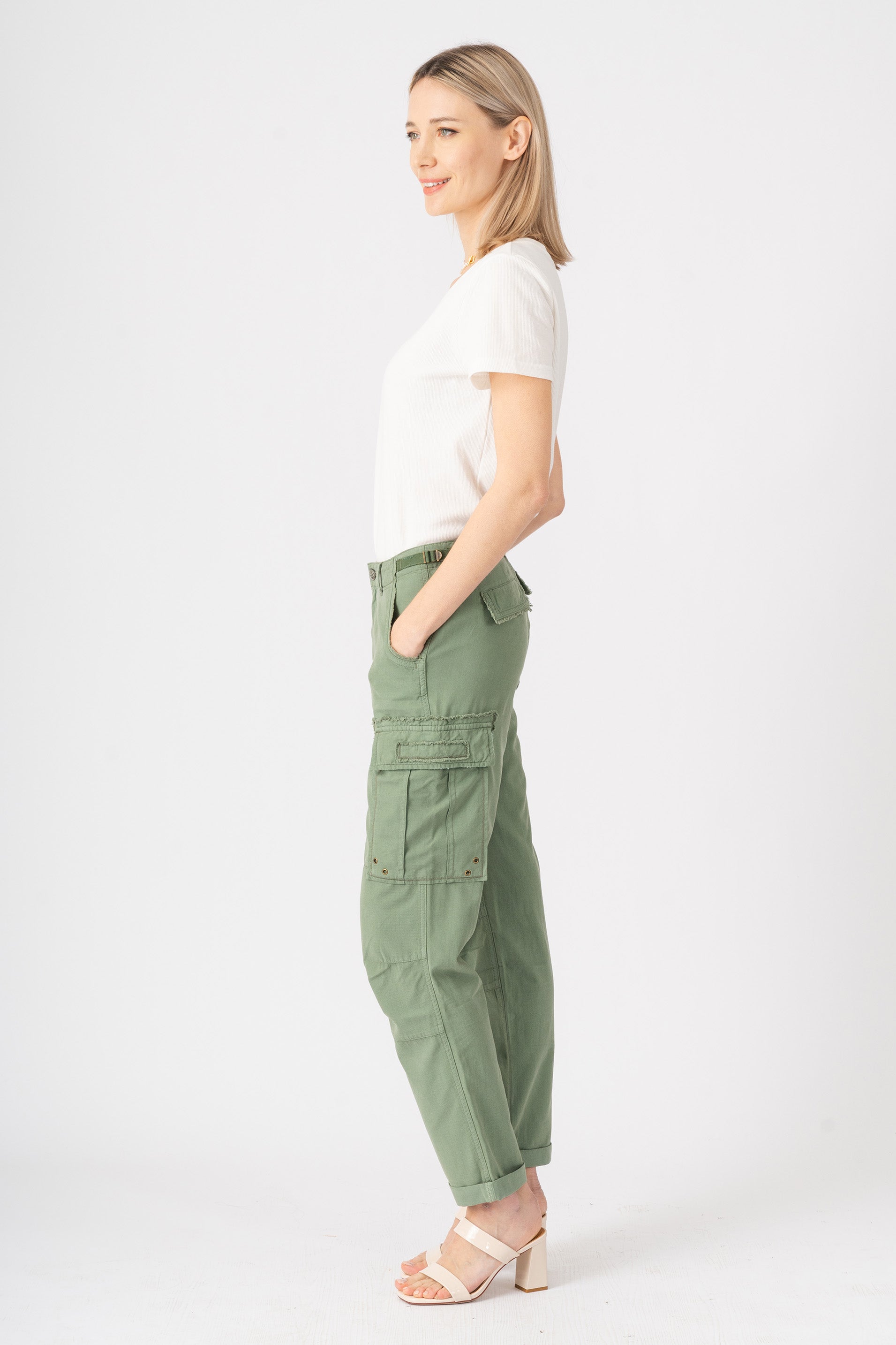 Silk cargo pants with patches in Myrtle Green