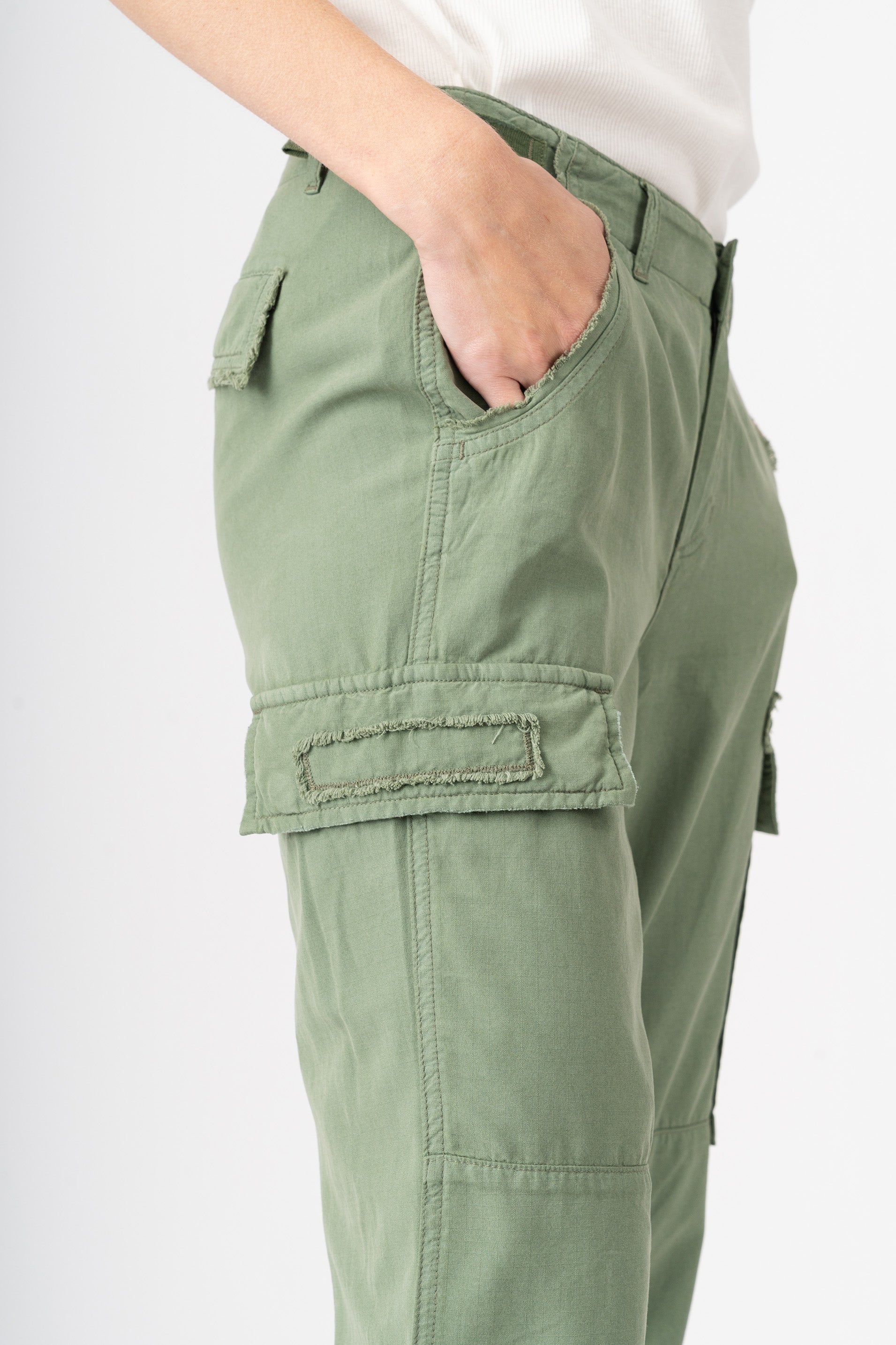 Silk cargo pants with patches in Myrtle Green