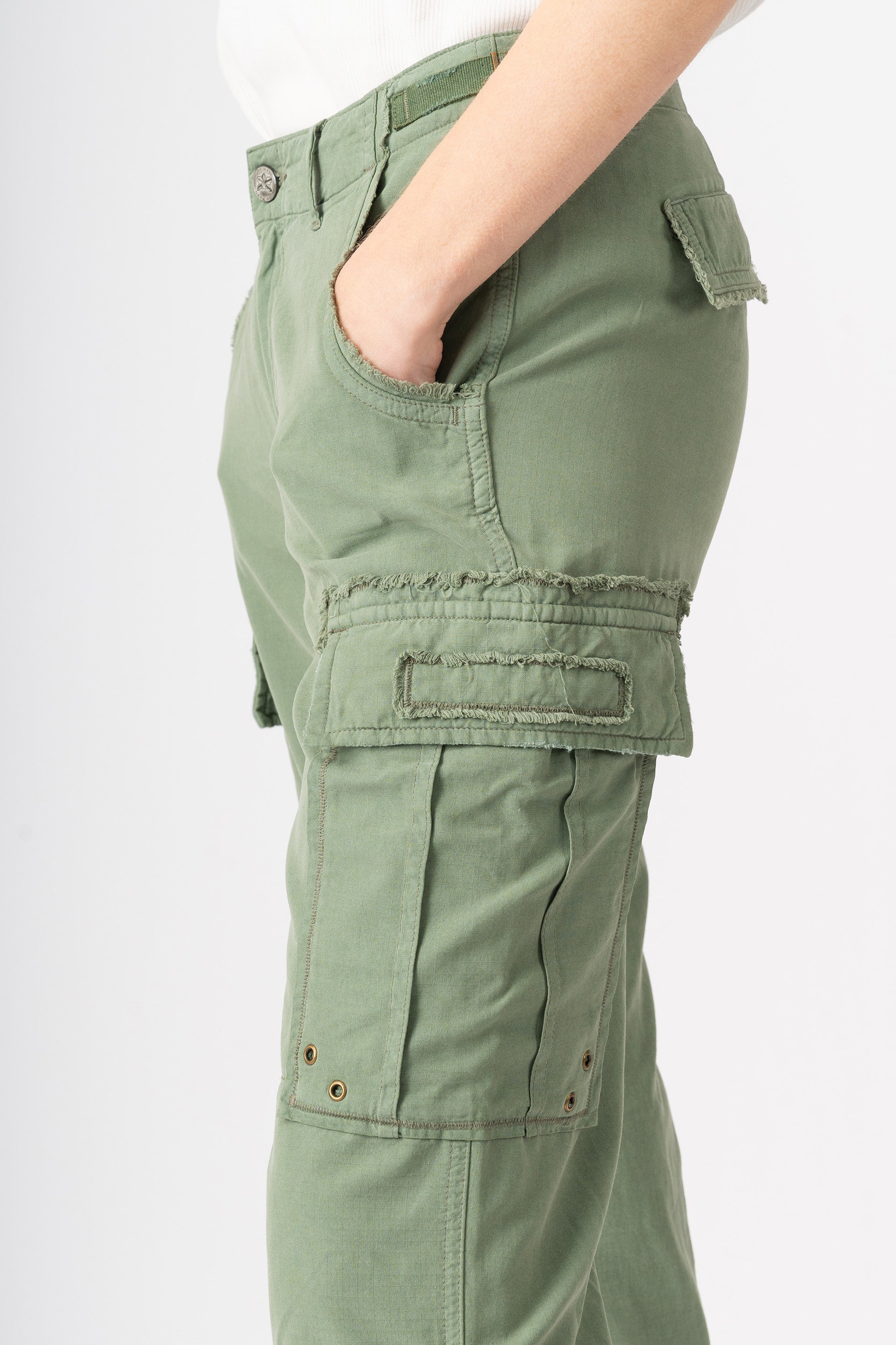 Silk cargo pants with patches in Myrtle Green