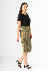 100% Silk long skirt with drawstring in Khaki Camo