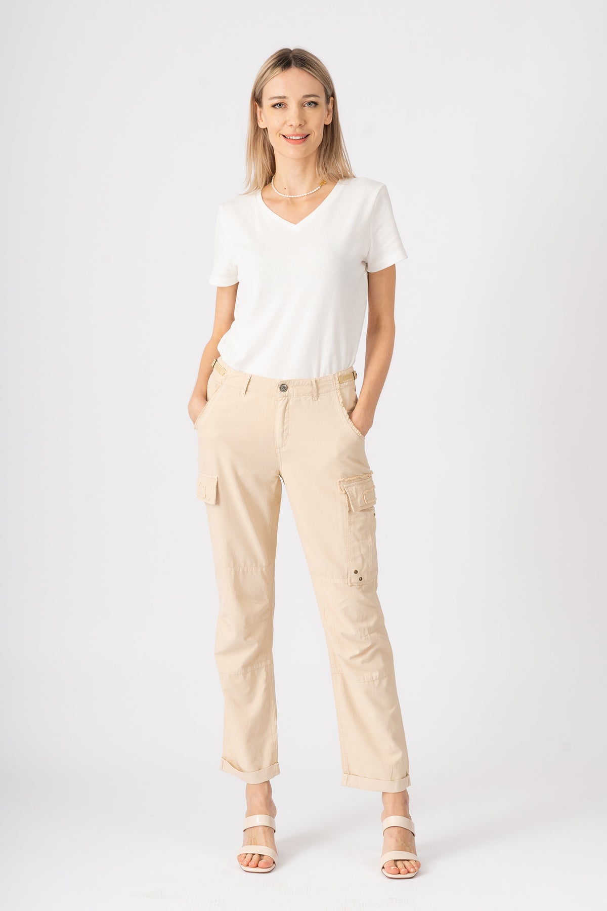 Silk cargo pants in Tapioca