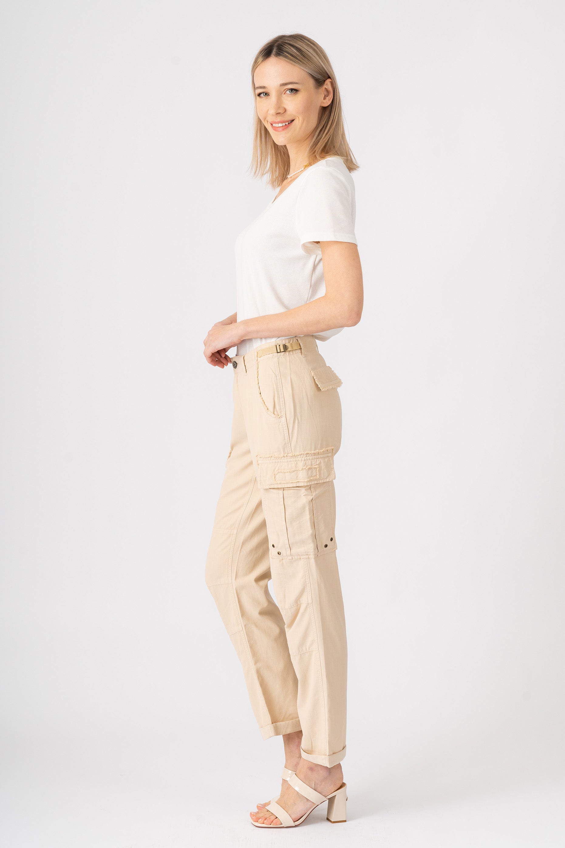 Silk cargo pants in Tapioca