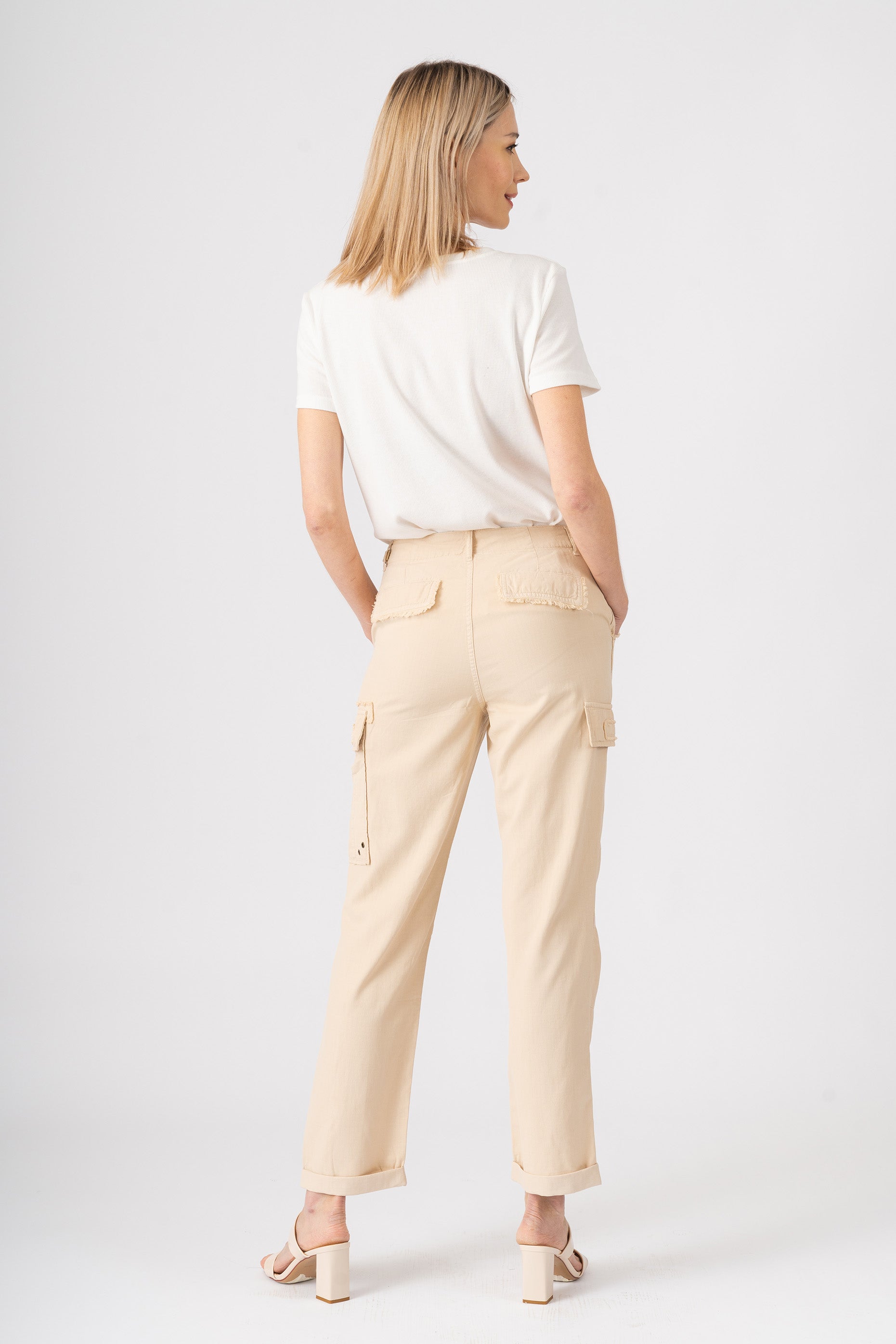 Silk cargo pants in Tapioca