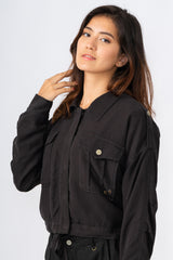 100% Silk crop lined jacket with embrodiery in Caviar