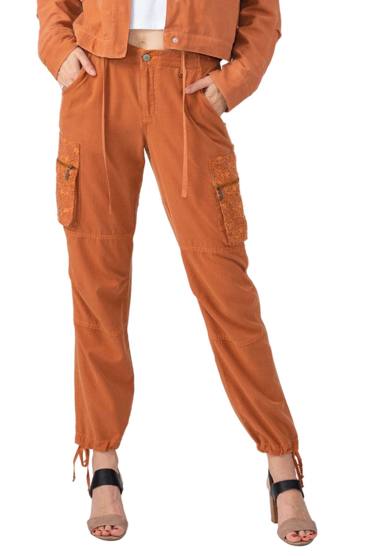 Silk cargo pants with embroidery in Toffee Brown