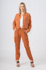 Silk cargo pants with embroidery in Toffee Brown