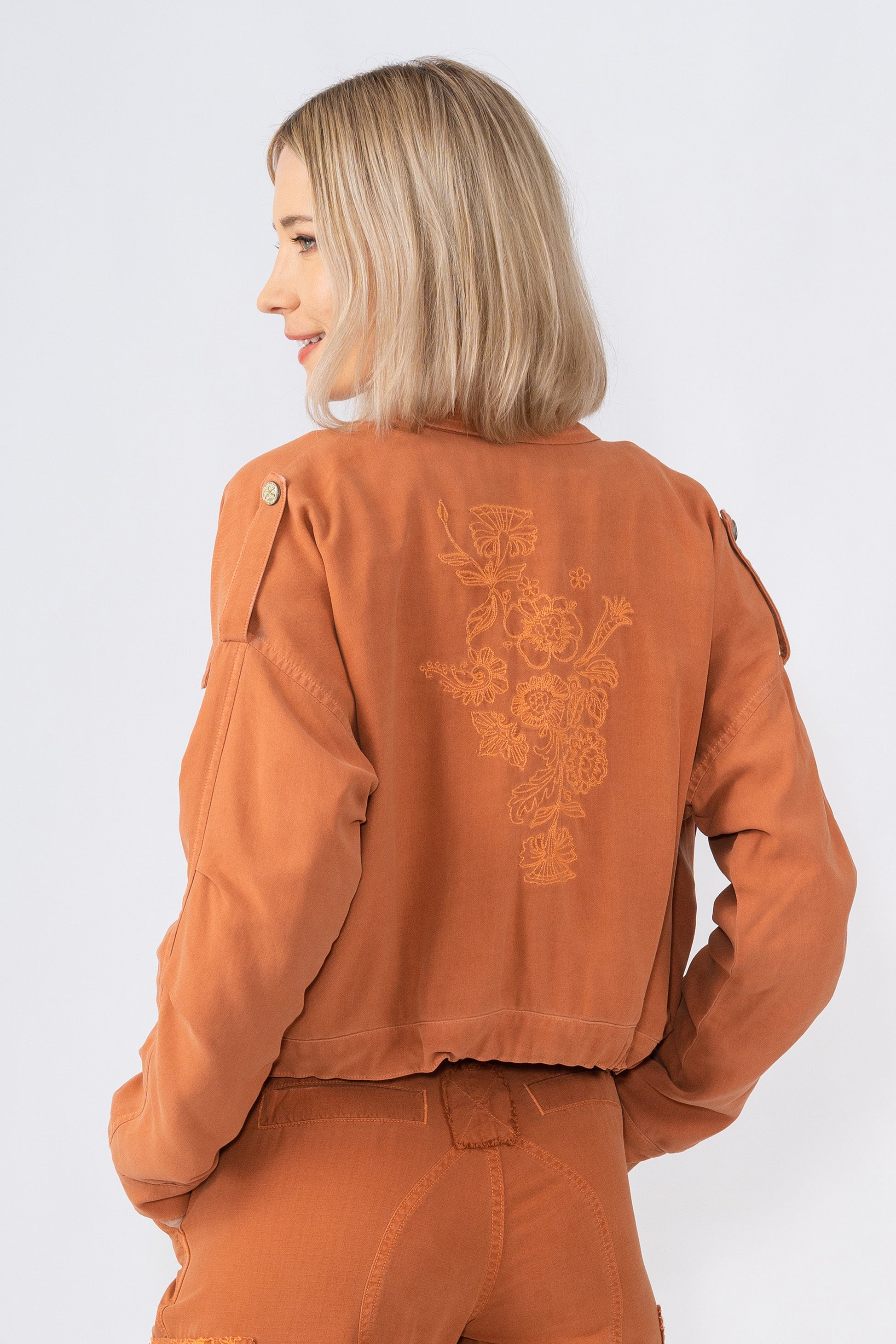 100% Silk crop lined jacket with embroidery in Toffee Brown