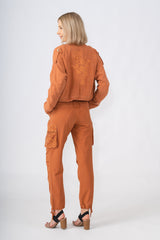 Silk cargo pants with embroidery in Toffee Brown