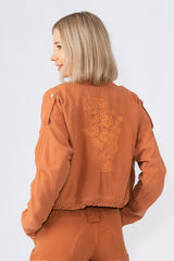 100% Silk crop lined jacket with embroidery in Toffee Brown