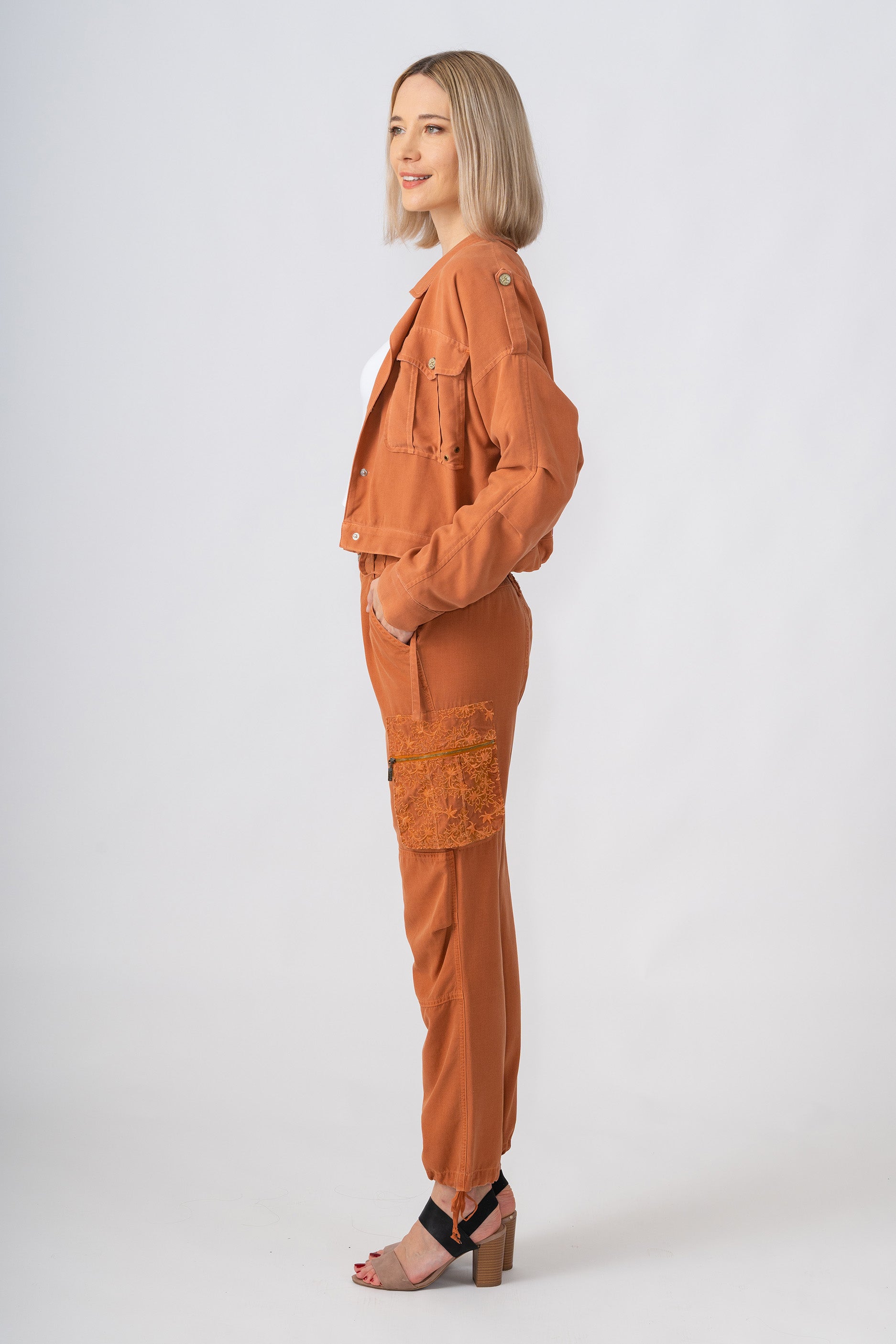 Silk cargo pants with embroidery in Toffee Brown