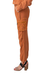 Silk cargo pants with embroidery in Toffee Brown
