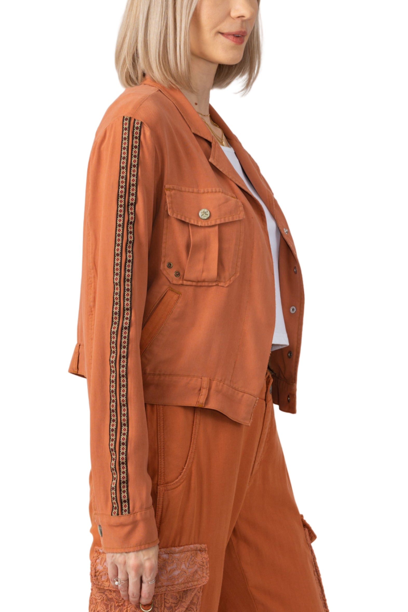 Tencel jacket with side tapes in Toffee Brown