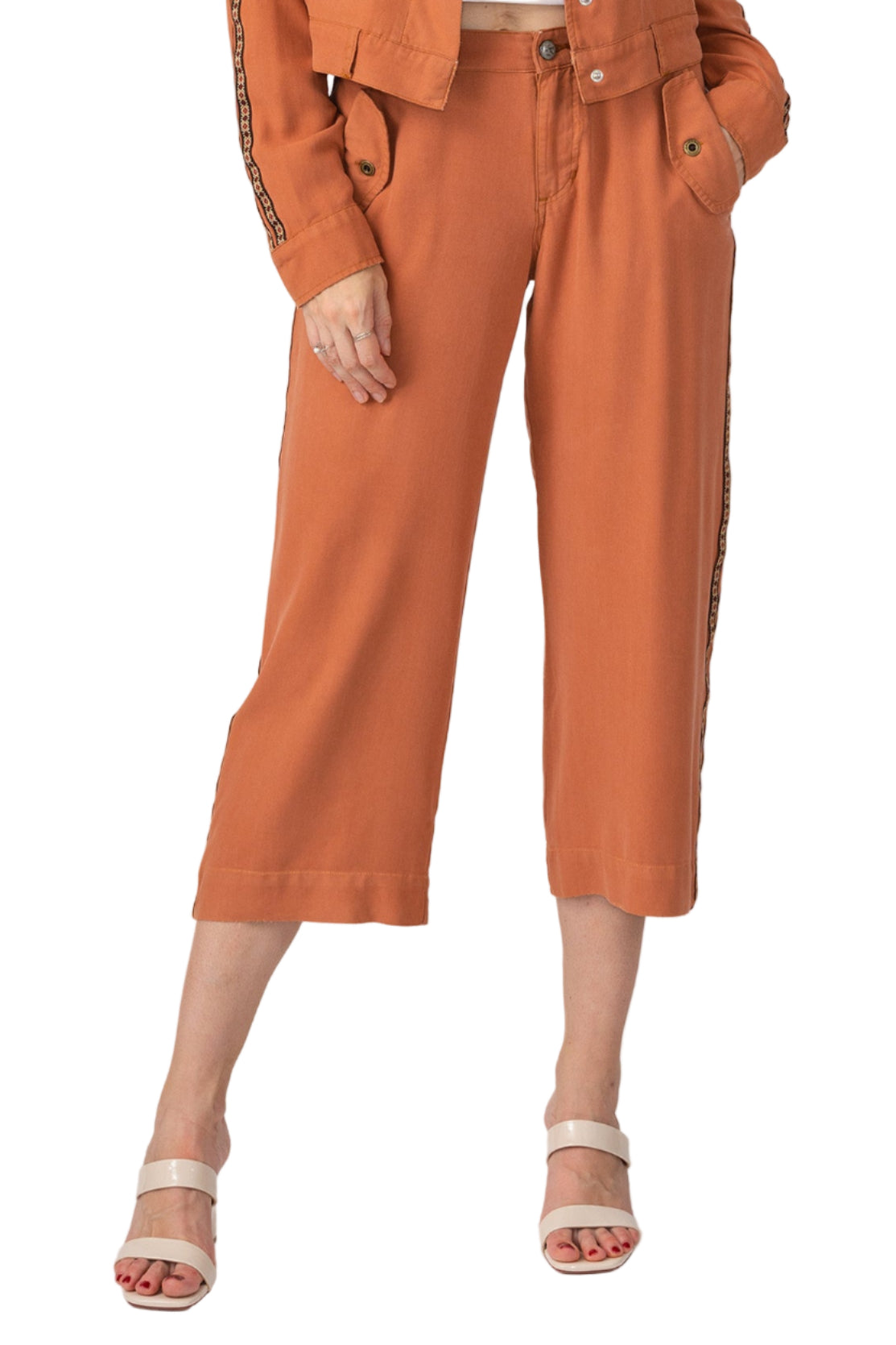 Tencel wide leg pants with side tapes in Toffee Brown