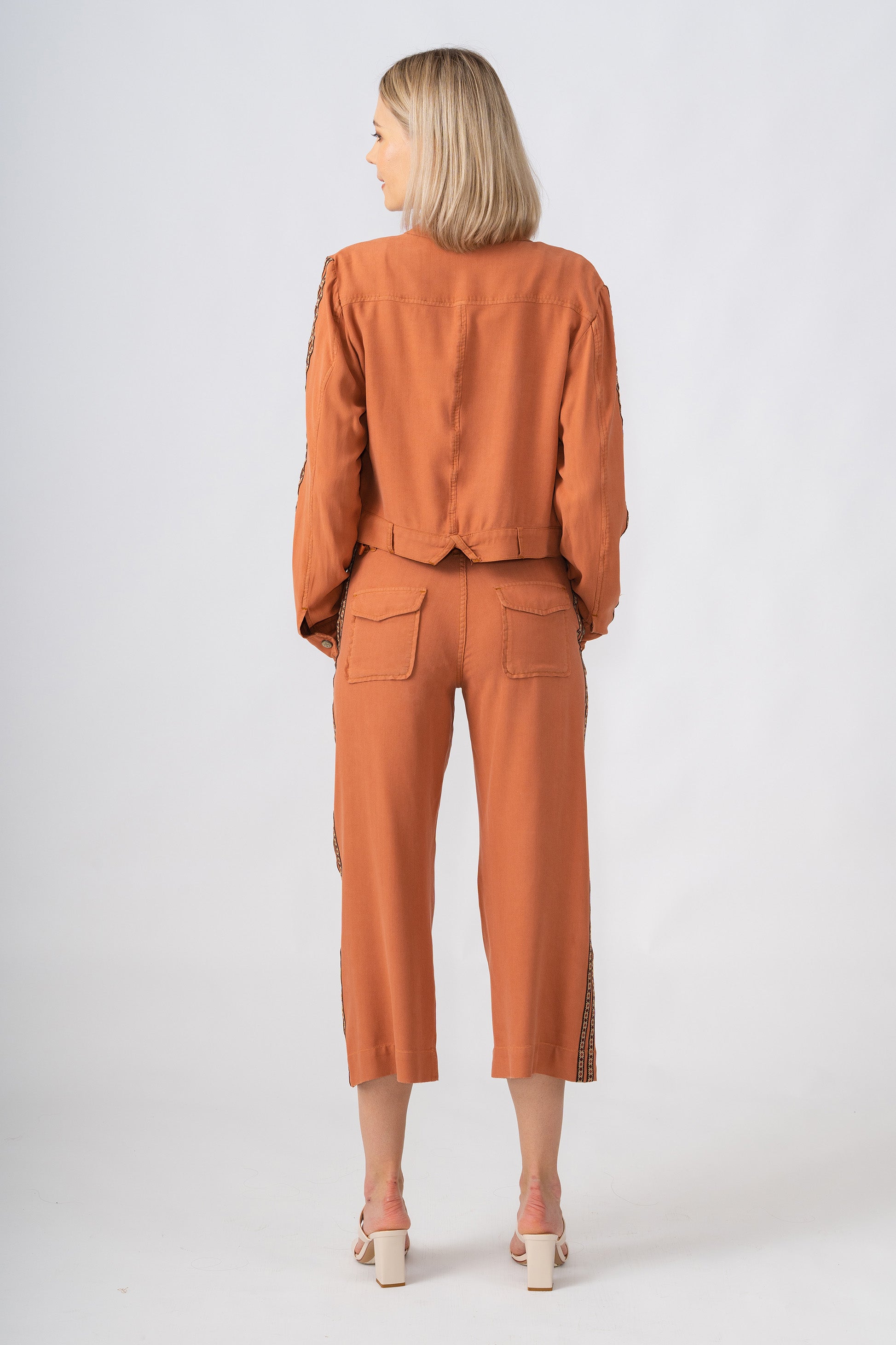 Tencel wide leg pants with side tapes in Toffee Brown