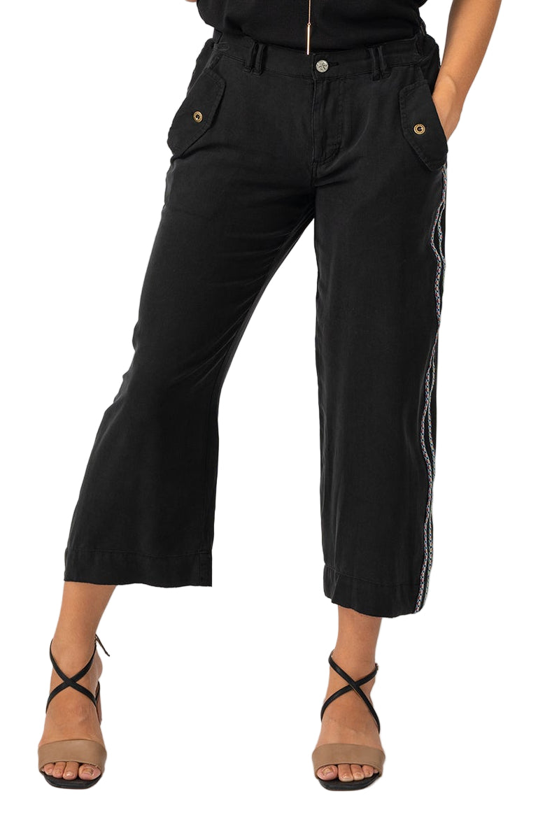 Tencel Wide leg pants with side tapes in Caviar