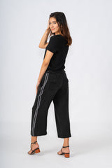 Tencel Wide leg pants with side tapes in Caviar