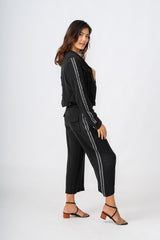 Tencel Wide leg pants with side tapes in Caviar