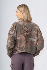 100% Silk crop lined jacket with embroidery in Violet Camo