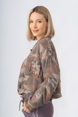 100% Silk crop lined jacket with embroidery in Violet Camo