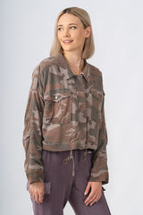 100% Silk crop lined jacket with embroidery in Violet Camo