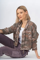 100% Silk crop lined jacket with embroidery in Violet Camo