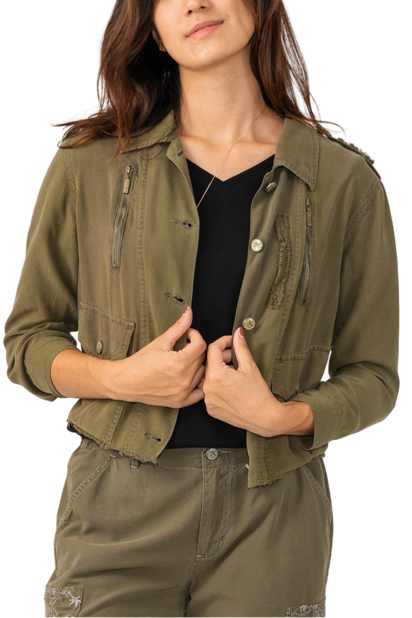 100% Silk collared crop jacket in Olive