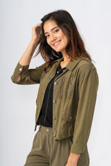 100% Silk collared crop jacket in Olive