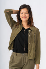 100% Silk collared crop jacket in Olive