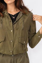 100% Silk collared crop jacket in Olive