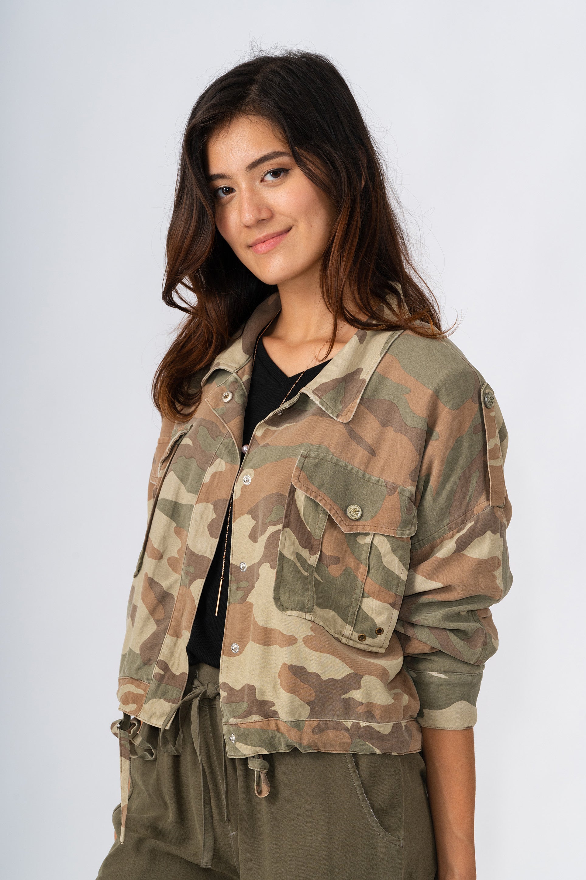 100% Silk crop lined jacket with embroidery in Moss Camo