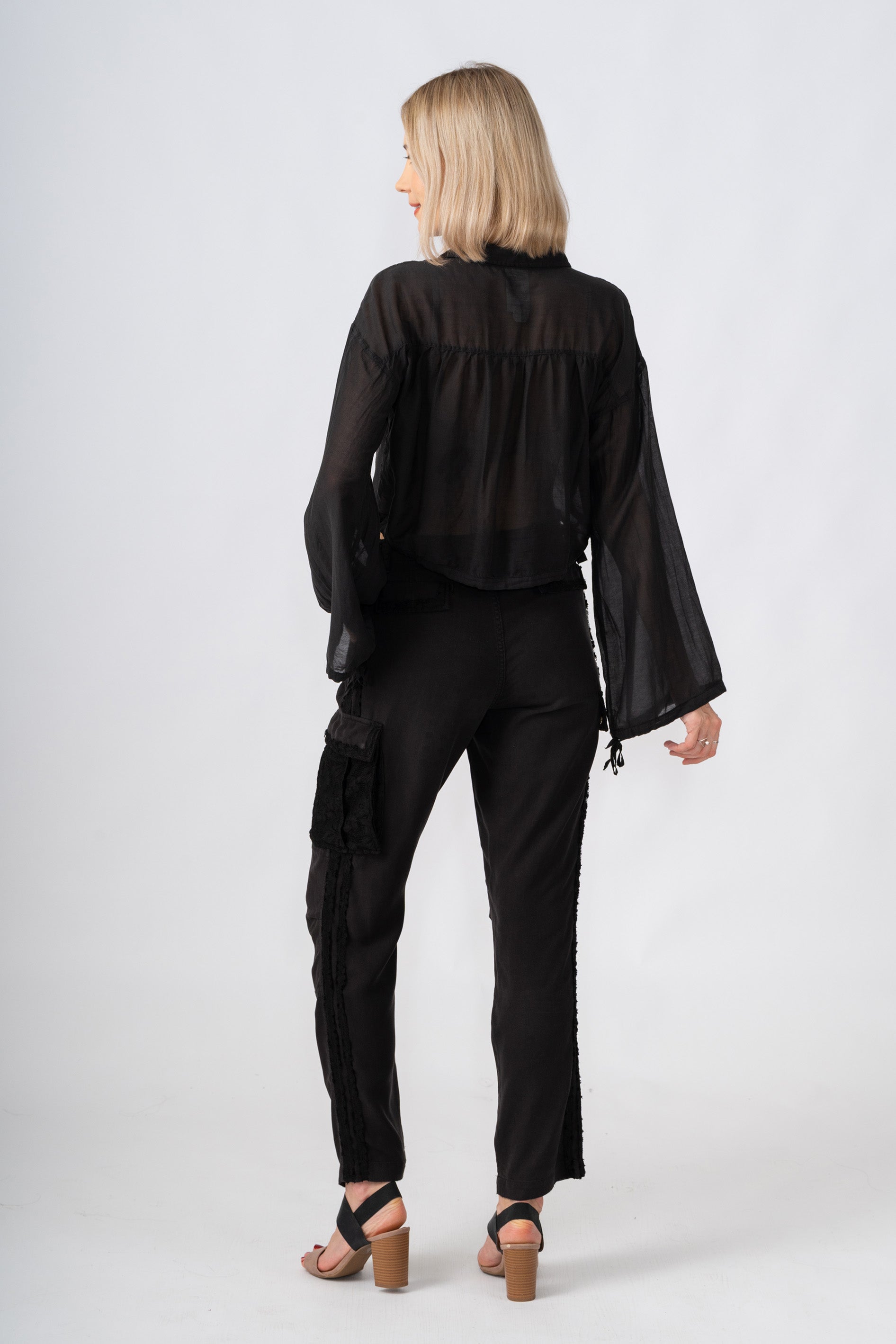 100% Silk rolled cargo pants with lace in Caviar