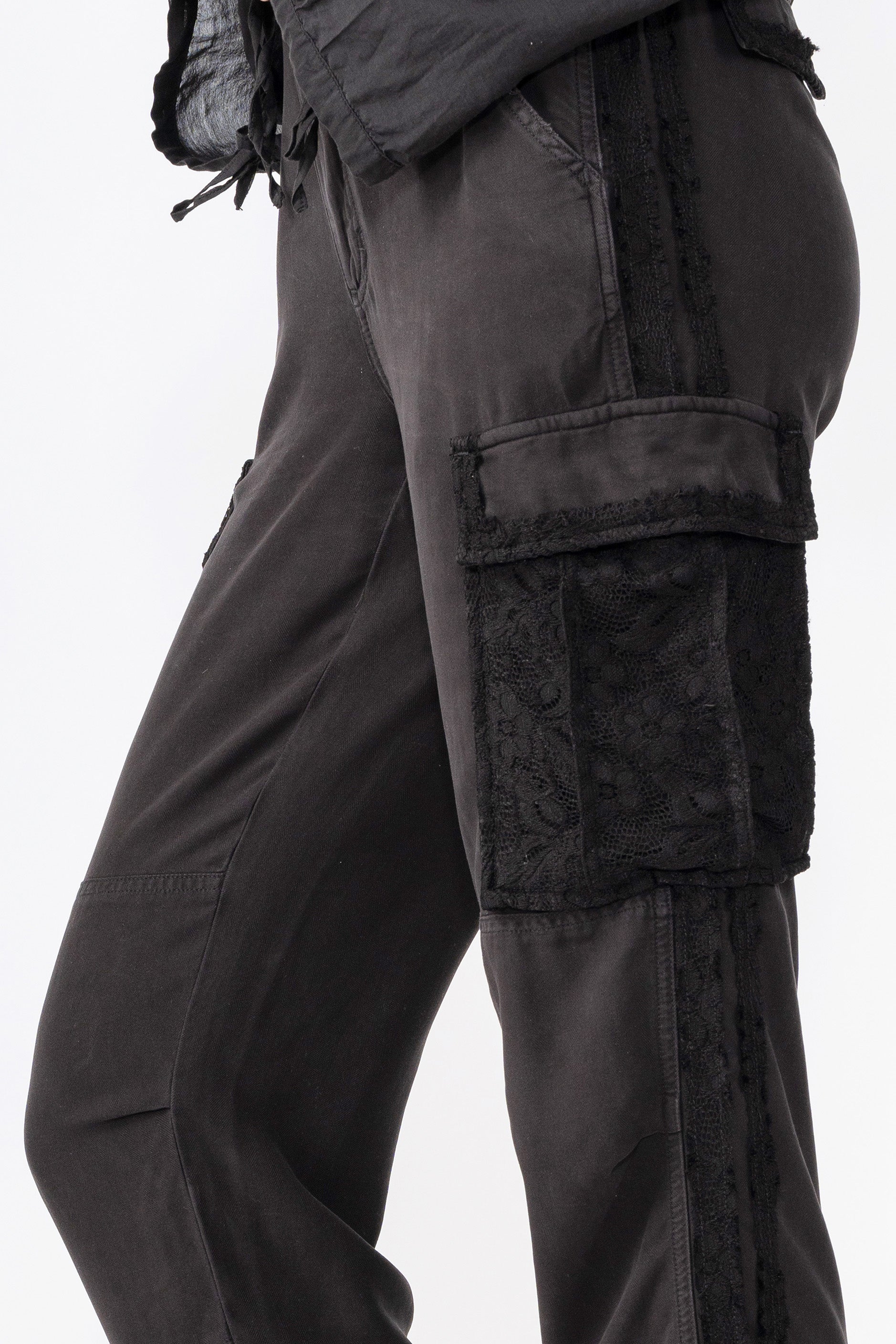 100% Silk rolled cargo pants with lace in Caviar