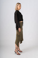 Silk sharkbite skirt with embroidery in Olive