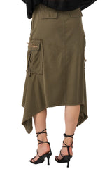 Silk sharkbite skirt with embroidery in Olive