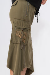 Silk sharkbite skirt with embroidery in Olive