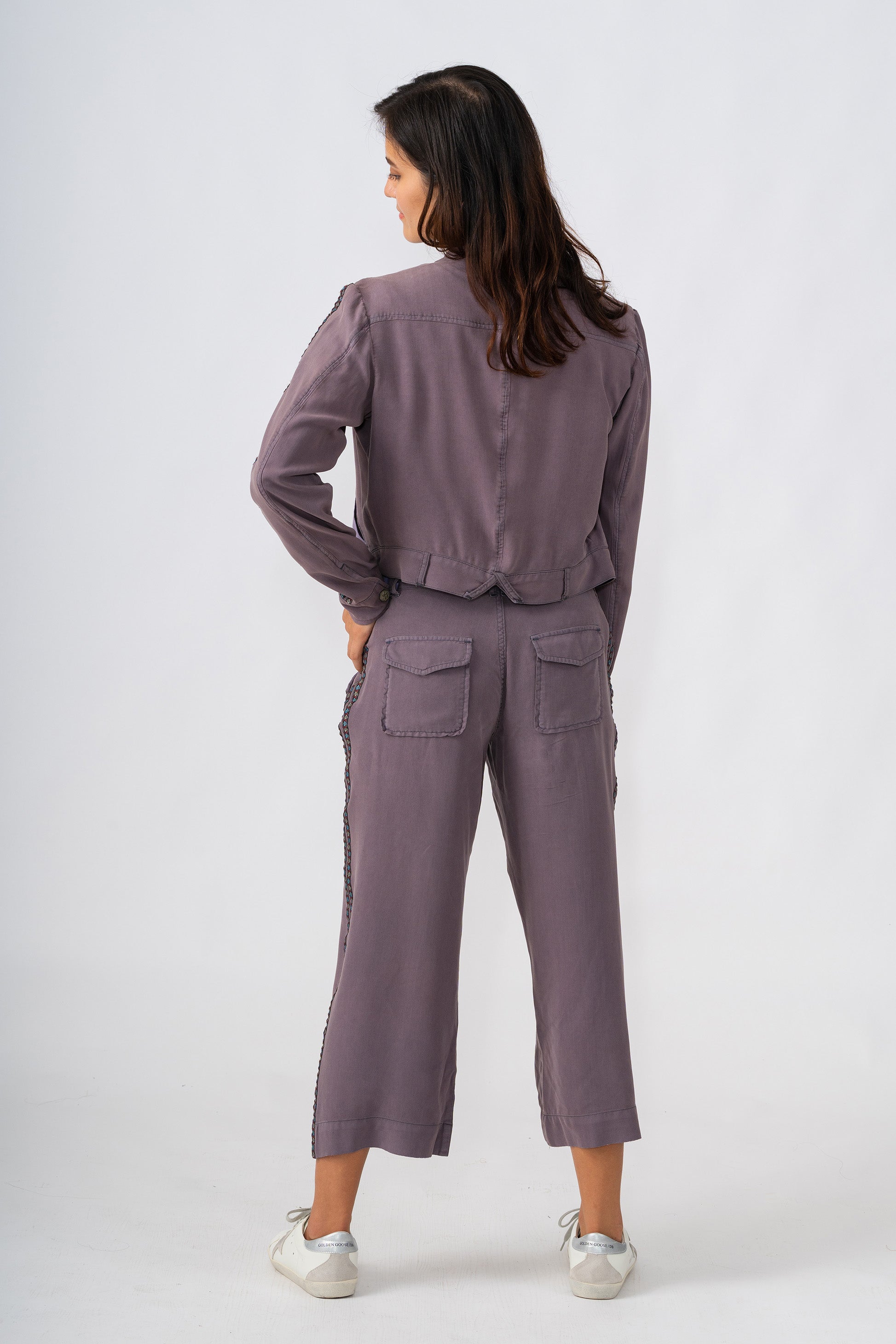 Tencel wide leg pants with side tapes in Violet