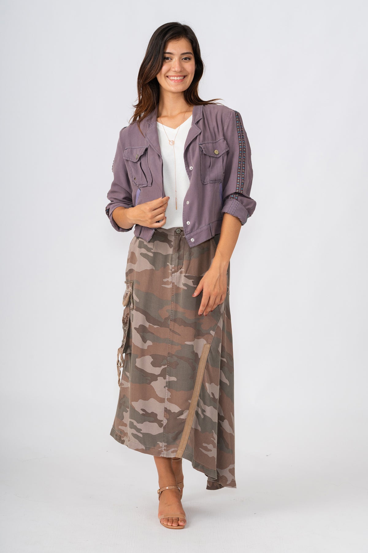 100% Silk asymmetric cargo skirt with embroidery in Violet Camo