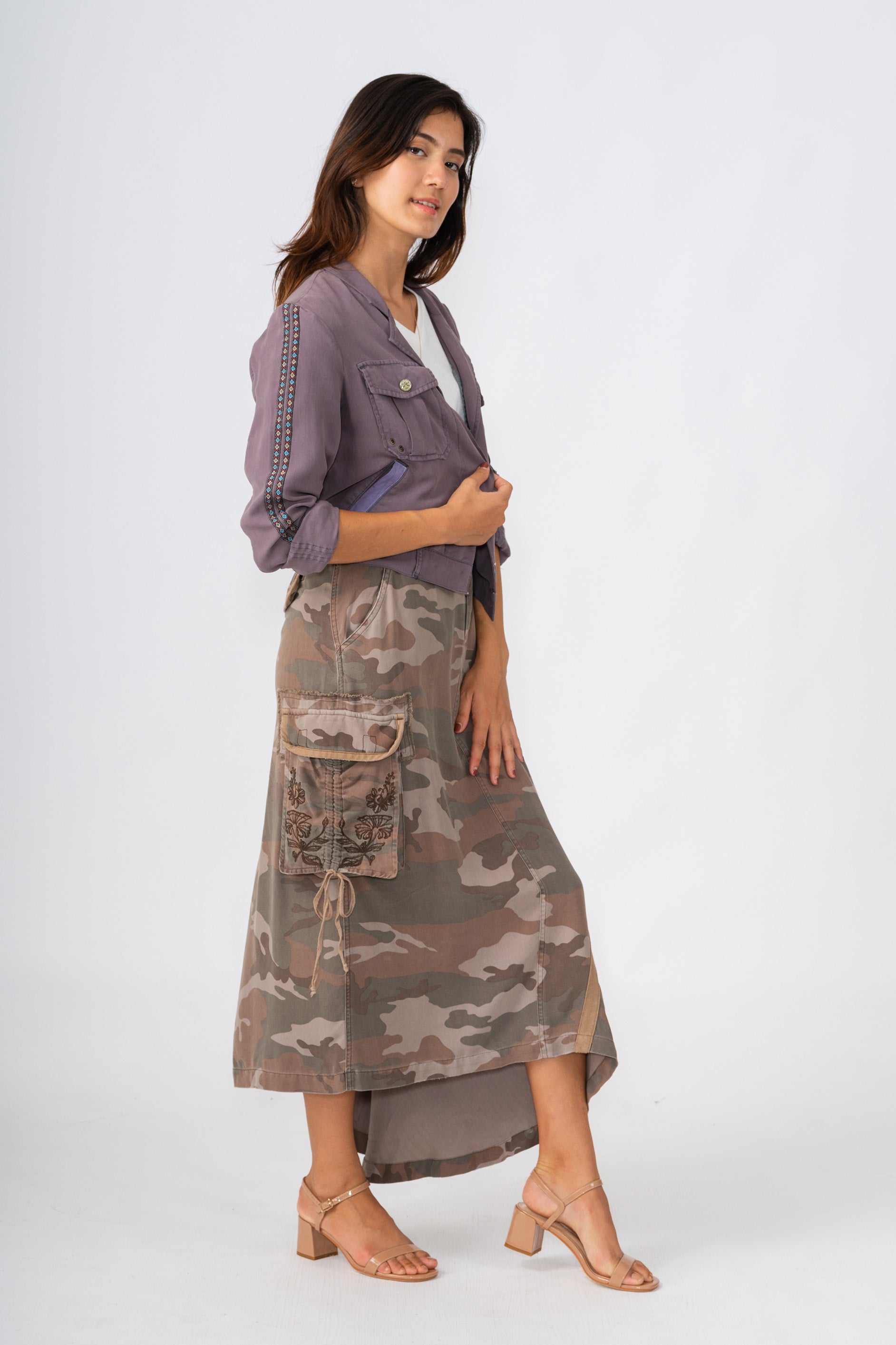 100% Silk asymmetric cargo skirt with embroidery in Violet Camo