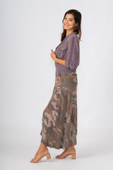 100% Silk asymmetric cargo skirt with embroidery in Violet Camo