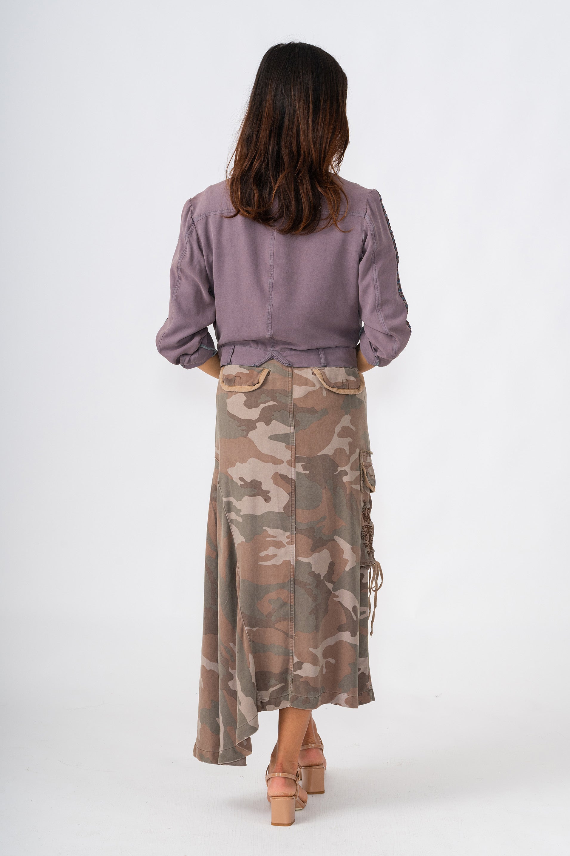 100% Silk asymmetric cargo skirt with embroidery in Violet Camo