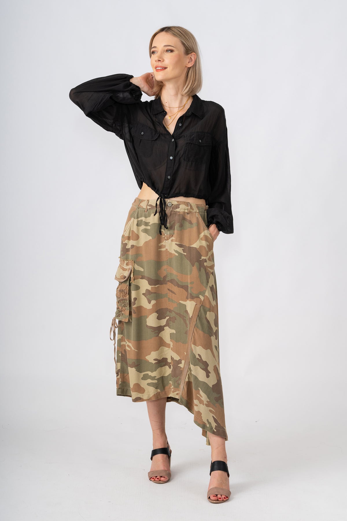 100% Silk asymmetric cargo skirt with embroidery in Moss camo